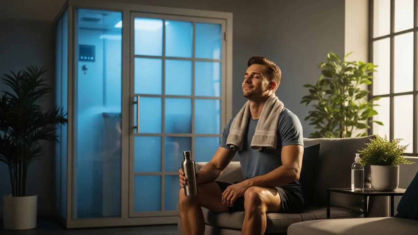 Athlete relaxing after a cryotherapy session, showcasing recovery and wellness at Sessions Wellness Center